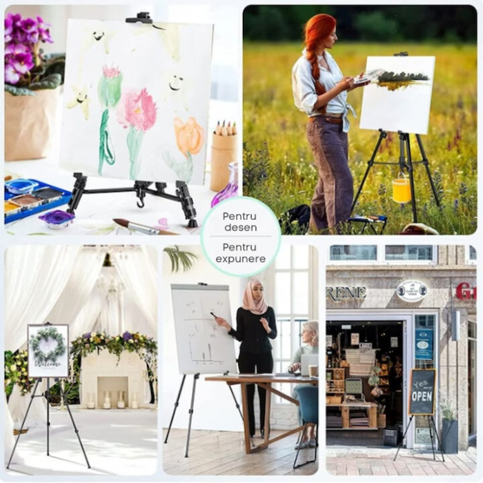 Sevalet metalic pentru pictura VarioShop®, trepied, pliabil, reglabil In 3 segmente, ajustabil pana la 160 cm inaltime, design antiderapant, cu geanta transport, usor de instalat, Negru [4]