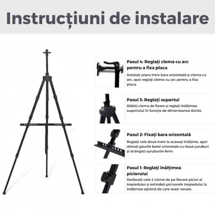 Sevalet metalic pentru pictura VarioShop®, trepied, pliabil, reglabil In 3 segmente, ajustabil pana la 160 cm inaltime, design antiderapant, cu geanta transport, usor de instalat, Negru [2]