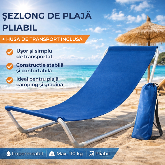 Sezlong plaja pliabil VarioShop®, cadru metalic stabil, material impermeabil, usor si portabil, suport 110 kg, pentru camping, pescuit si gradina [2]