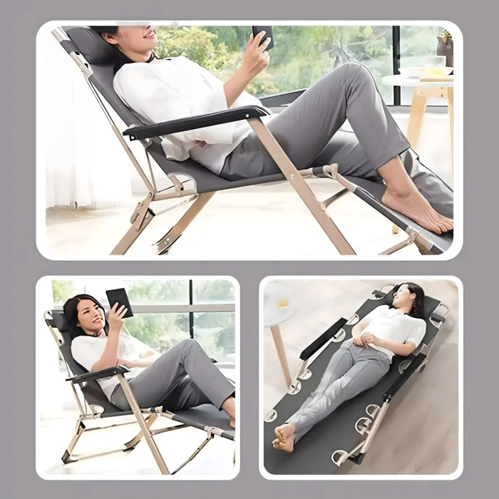 Sezlong pliabil VarioShop®, perna, cadru otel rezistent, material respirabil, reglabil, ergonomic, pentru gradina, terasa, balcon si plaja, gri [2]