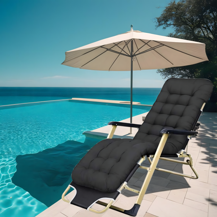 Sezlong pliabil VarioShop®, perna, cadru otel rezistent, material respirabil, reglabil, ergonomic, pentru gradina, terasa, balcon si plaja, negru [2]