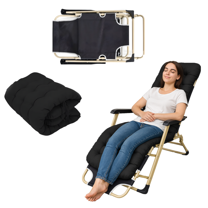 Sezlong pliabil VarioShop®, perna, cadru otel rezistent, material respirabil, reglabil, ergonomic, pentru gradina, terasa, balcon si plaja, negru [5]