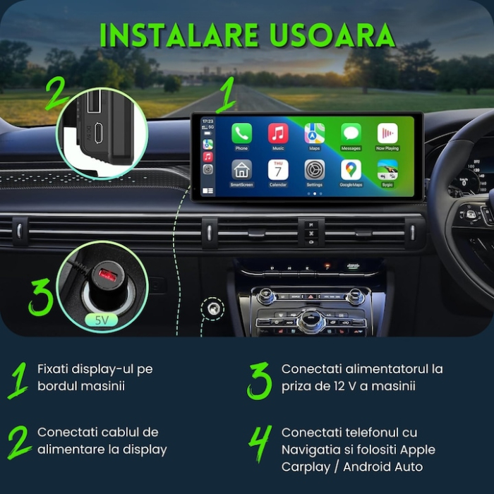 Sistem multimedia auto cu navigatie GPS VarioShop®, display 10.26 inch, Android & Apple CarPlay, Bluetooth, design elegant, ghidare vocala, conectivitate inteligenta, Negru [3]