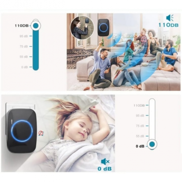 Sonerie fara fir VarioShop®, 5 nivele de volum, 60 de melodii, 1 receptor, raza de actiune 300 m, LED, Plug and Play, impermeabila IP44, 110 dB max, Negru [14]