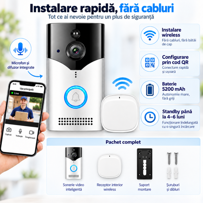 Sonerie fara fir VarioShop®, camera 4MP, Wi-Fi, difuzor, vizualizare live pe telefon, mod nocturn IR, comunicare bidirectionala [2]