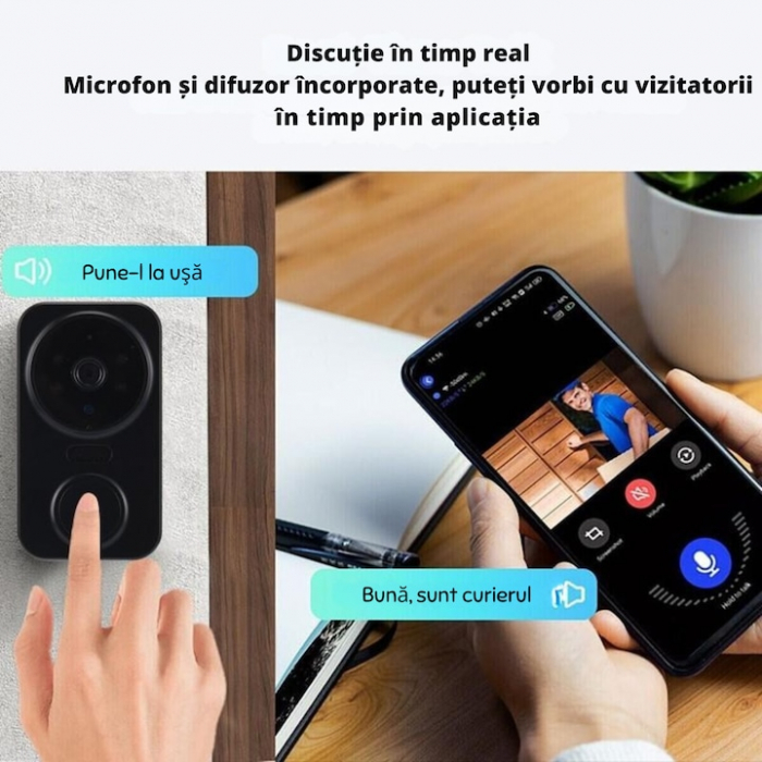 Sonerie inteligenta VarioShop®, cu camera de supraveghere 1080p, interfon, functie IR Night vision, audio bidirectional si conexiune la aplicatia, instalare rapida, Negru [12]