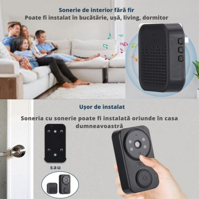 Sonerie inteligenta VarioShop®, cu camera de supraveghere 1080p, interfon, functie IR Night vision, audio bidirectional si conexiune la aplicatia, instalare rapida, Negru [8]