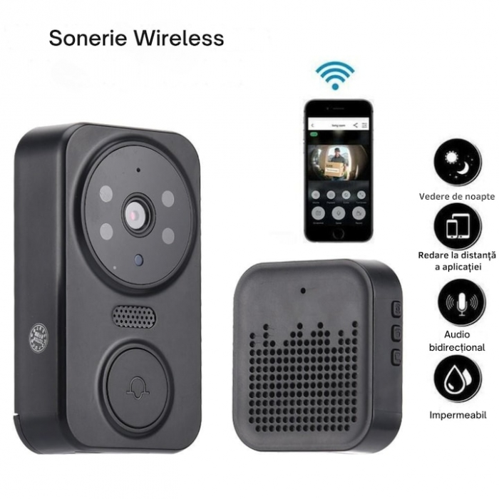 Sonerie inteligenta VarioShop®, cu camera de supraveghere 1080p, interfon, functie IR Night vision, audio bidirectional si conexiune la aplicatia, instalare rapida, Negru [13]