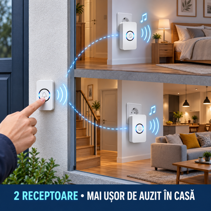 Sonerie wireless VarioShop® cu 1 buton exterior si 2 receptoare pentru priza, 62 melodii, 4 niveluri de volum, raza de pana la 150 m, 433 MHz, alba [2]