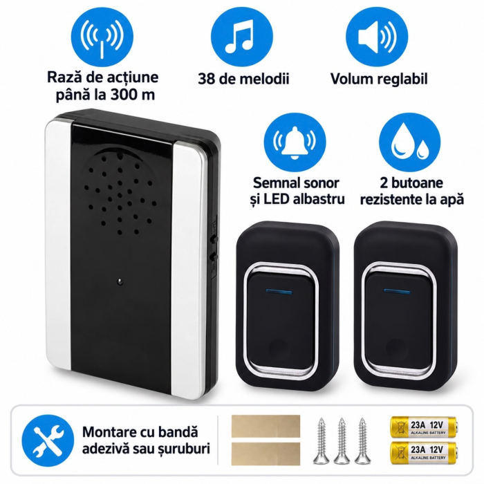 Sonerie fara fir VarioShop®, cu 2 butoane rezistente la apa, receptor inclus, 38 melodii, semnal LED, raza 300 m, negru [7]