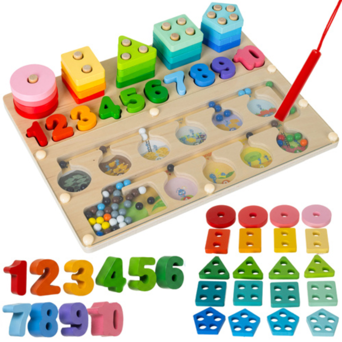Sortator educativ din lemn Montessori 3 in 1 VarioShop®, labirint magnetic, puzzle forme si numere, dezvoltare logica si motrica, 30 x 22.5 cm [1]