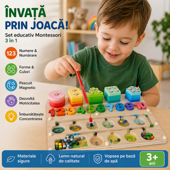 Sortator educativ din lemn Montessori 3 in 1 VarioShop®, labirint magnetic, puzzle forme si numere, dezvoltare logica si motrica, 30 x 22.5 cm [2]