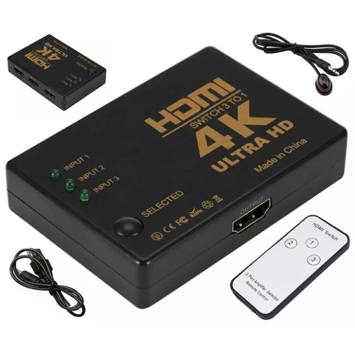 Splitter HDMI VarioShop®, 3 porturi tip A cu telecomanda IR, suport 4K, Full HD si 3D, alimentare USB DC 5V, comutare automata si manuala, negru [4]