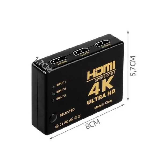 Splitter HDMI VarioShop®, 3 porturi tip A cu telecomanda IR, suport 4K, Full HD si 3D, alimentare USB DC 5V, comutare automata si manuala, negru [7]
