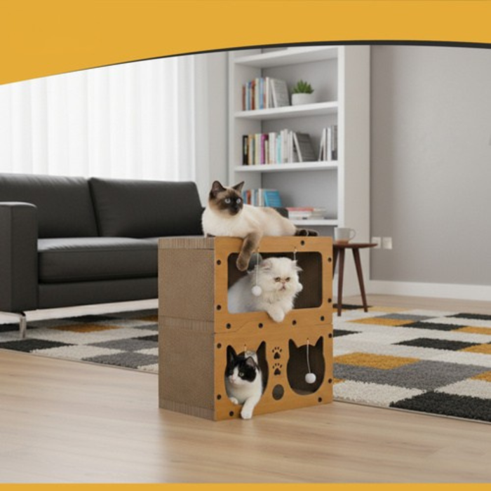 Stalp Zgariat Pisici 3 in 1 VarioShop, Casuta cu 2 Etaje, Pat si Jucarii 4 Bile, Carton Ondulat Ecologic, HDF Rezistent, Stabil, Antiderapant, 51.5x45.5x28.5 cm [4]