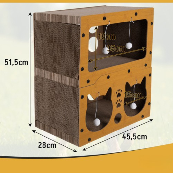 Stalp Zgariat Pisici 3 in 1 VarioShop, Casuta cu 2 Etaje, Pat si Jucarii 4 Bile, Carton Ondulat Ecologic, HDF Rezistent, Stabil, Antiderapant, 51.5x45.5x28.5 cm [6]