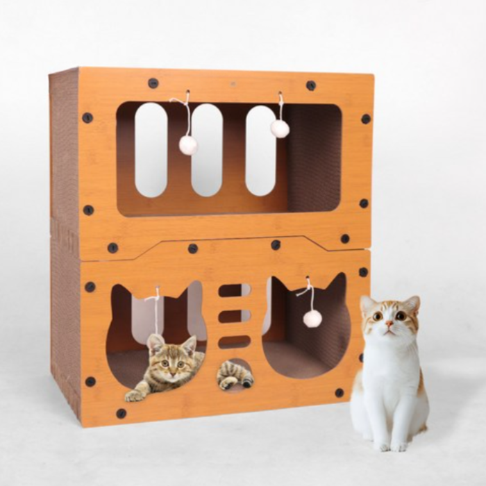 Stalp Zgariat Pisici 3 in 1 VarioShop, Casuta cu 2 Etaje, Pat si Jucarii 4 Bile, Carton Ondulat Ecologic, HDF Rezistent, Stabil, Antiderapant, 51.5x45.5x28.5 cm [2]