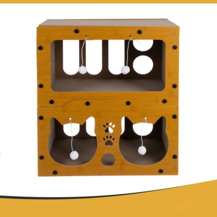 Stalp Zgariat Pisici 3 in 1 VarioShop, Casuta cu 2 Etaje, Pat si Jucarii 4 Bile, Carton Ondulat Ecologic, HDF Rezistent, Stabil, Antiderapant, 51.5x45.5x28.5 cm [9]