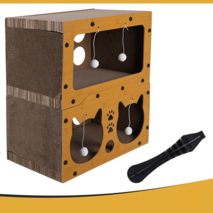 Stalp Zgariat Pisici 3 in 1 VarioShop, Casuta cu 2 Etaje, Pat si Jucarii 4 Bile, Carton Ondulat Ecologic, HDF Rezistent, Stabil, Antiderapant, 51.5x45.5x28.5 cm [7]