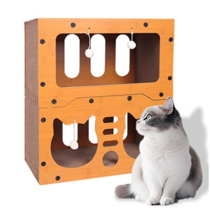 Stalp Zgariat Pisici 3 in 1 VarioShop, Casuta cu 2 Etaje, Pat si Jucarii 4 Bile, Carton Ondulat Ecologic, HDF Rezistent, Stabil, Antiderapant, 51.5x45.5x28.5 cm [3]