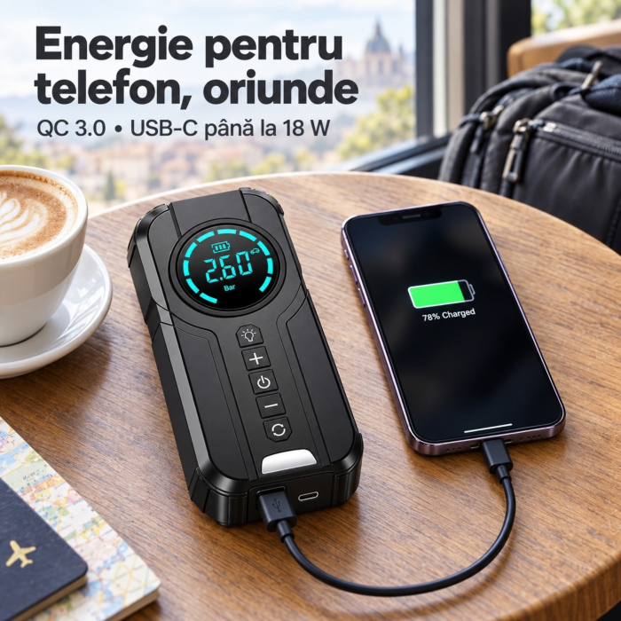 Starter auto portabil VarioShop®, 5 in 1, 1000A, compresor digital, power bank QC 3.0, Type-C 18W, lanterna LED 350 lm, pentru 12V [7]