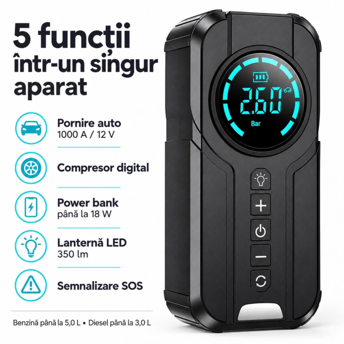 Starter auto portabil VarioShop®, 5 in 1, 1000A, compresor digital, power bank QC 3.0, Type-C 18W, lanterna LED 350 lm, pentru 12V [5]
