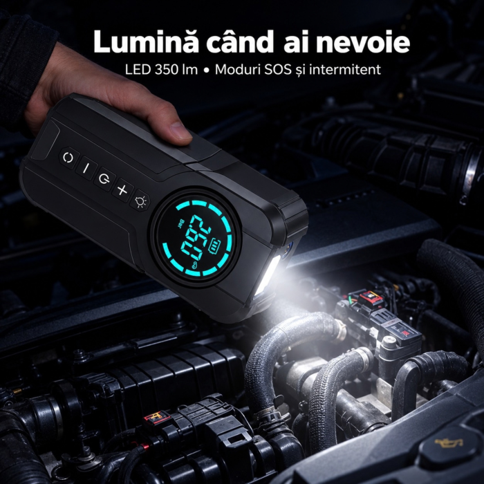 Starter auto portabil VarioShop®, 5 in 1, 1000A, compresor digital, power bank QC 3.0, Type-C 18W, lanterna LED 350 lm, pentru 12V [6]