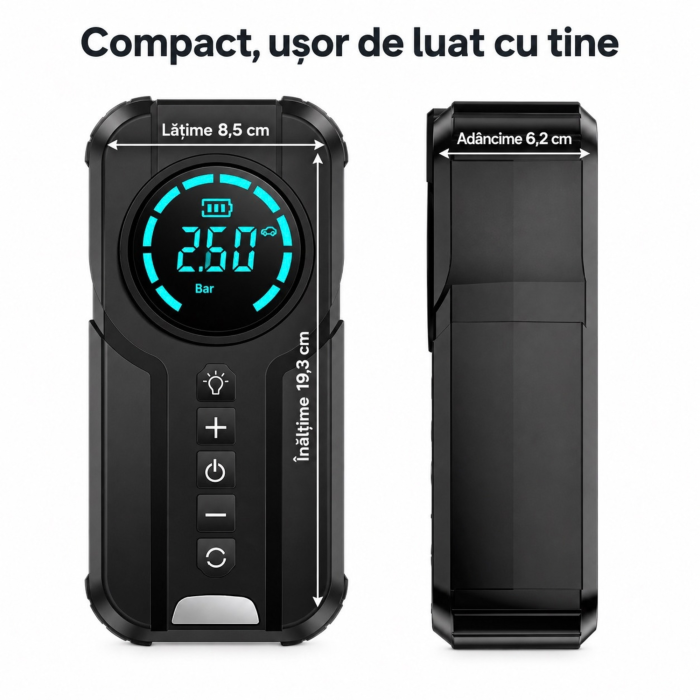 Starter auto portabil VarioShop®, 5 in 1, 1000A, compresor digital, power bank QC 3.0, Type-C 18W, lanterna LED 350 lm, pentru 12V [8]