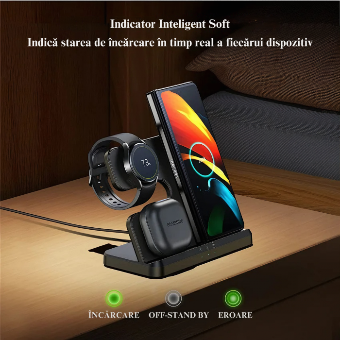 Statie de Incarcare 3 in 1 Fast Charge VarioShop® pentru Smartphone, Casti si Ceas Inteligent – Incarcare Concomitenta, 15 W pentru Telefon, 2, 5 W pentru Ceas si Casti, Compatibila cu iOS si Android [6]
