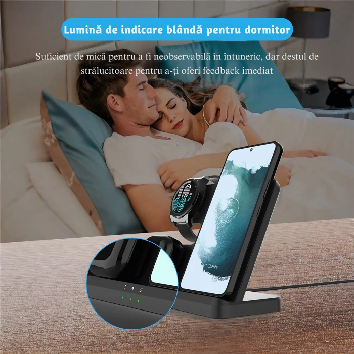 Statie de Incarcare 3 in 1 Fast Charge VarioShop® pentru Smartphone, Casti si Ceas Inteligent – Incarcare Concomitenta, 15 W pentru Telefon, 2, 5 W pentru Ceas si Casti, Compatibila cu iOS si Android [25]