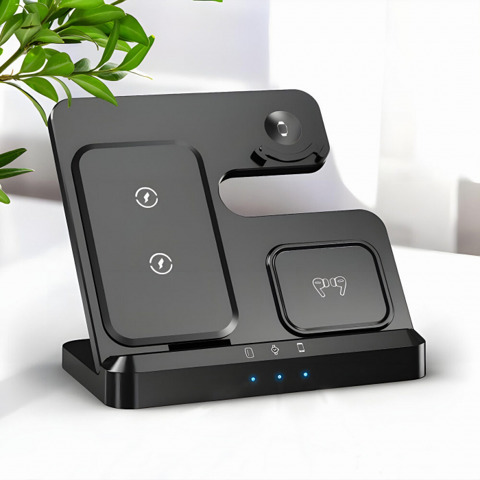 Statie de Incarcare 3 in 1 Fast Charge VarioShop® pentru Smartphone, Casti si Ceas Inteligent – Incarcare Concomitenta, 15 W pentru Telefon, 2, 5 W pentru Ceas si Casti, Compatibila cu iOS si Android [24]