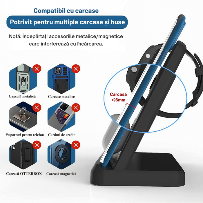 Statie de Incarcare 3 in 1 Fast Charge VarioShop® pentru Smartphone, Casti si Ceas Inteligent – Incarcare Concomitenta, 15 W pentru Telefon, 2, 5 W pentru Ceas si Casti, Compatibila cu iOS si Android [4]