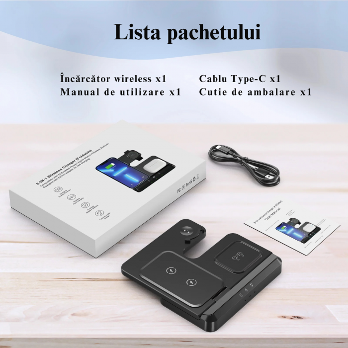 Statie de Incarcare 3 in 1 Fast Charge VarioShop® pentru Smartphone, Casti si Ceas Inteligent – Incarcare Concomitenta, 15 W pentru Telefon, 2, 5 W pentru Ceas si Casti, Compatibila cu iOS si Android [19]
