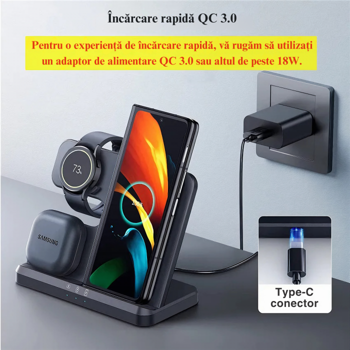 Statie de Incarcare 3 in 1 Fast Charge VarioShop® pentru Smartphone, Casti si Ceas Inteligent – Incarcare Concomitenta, 15 W pentru Telefon, 2, 5 W pentru Ceas si Casti, Compatibila cu iOS si Android [17]