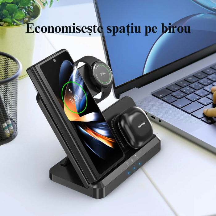 Statie de Incarcare 3 in 1 Fast Charge VarioShop® pentru Smartphone, Casti si Ceas Inteligent – Incarcare Concomitenta, 15 W pentru Telefon, 2, 5 W pentru Ceas si Casti, Compatibila cu iOS si Android [12]