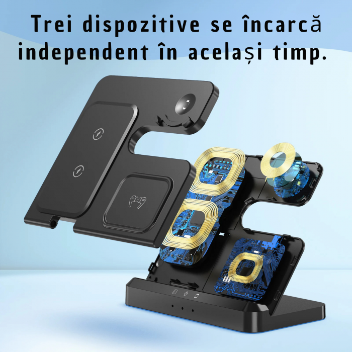 Statie de Incarcare 3 in 1 Fast Charge VarioShop® pentru Smartphone, Casti si Ceas Inteligent – Incarcare Concomitenta, 15 W pentru Telefon, 2, 5 W pentru Ceas si Casti, Compatibila cu iOS si Android [10]