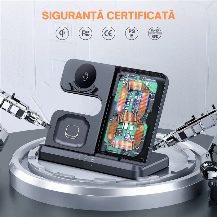 Statie de Incarcare 3 in 1 Fast Charge VarioShop® pentru Smartphone, Casti si Ceas Inteligent – Incarcare Concomitenta, 15 W pentru Telefon, 2, 5 W pentru Ceas si Casti, Compatibila cu iOS si Android [15]