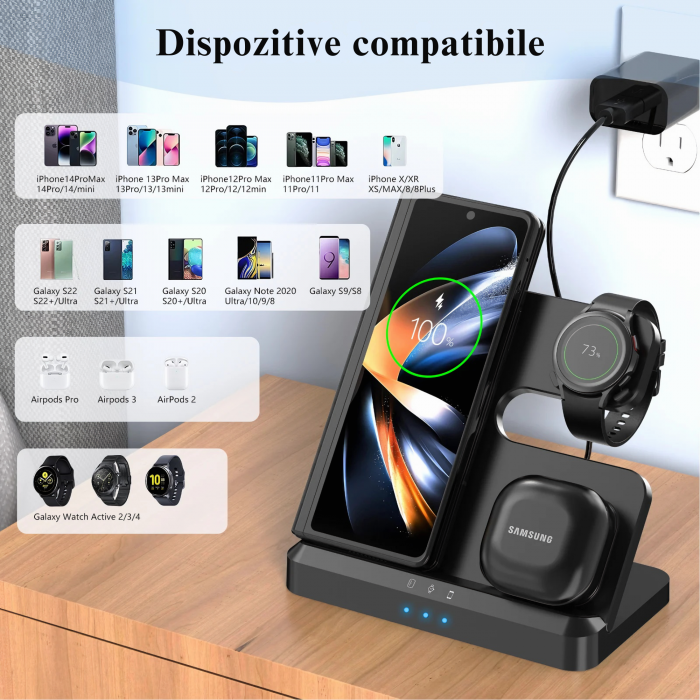 Statie de Incarcare 3 in 1 Fast Charge VarioShop® pentru Smartphone, Casti si Ceas Inteligent – Incarcare Concomitenta, 15 W pentru Telefon, 2, 5 W pentru Ceas si Casti, Compatibila cu iOS si Android [3]