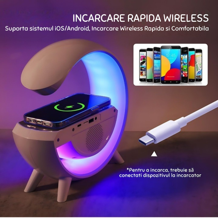 Statie de incarcare VarioShop®, ceas decorativ digital, luminat RGB 7 culori, redare muzica Bluetooth, alarma, radio AM/FM, card SD, Aux, Alb [3]