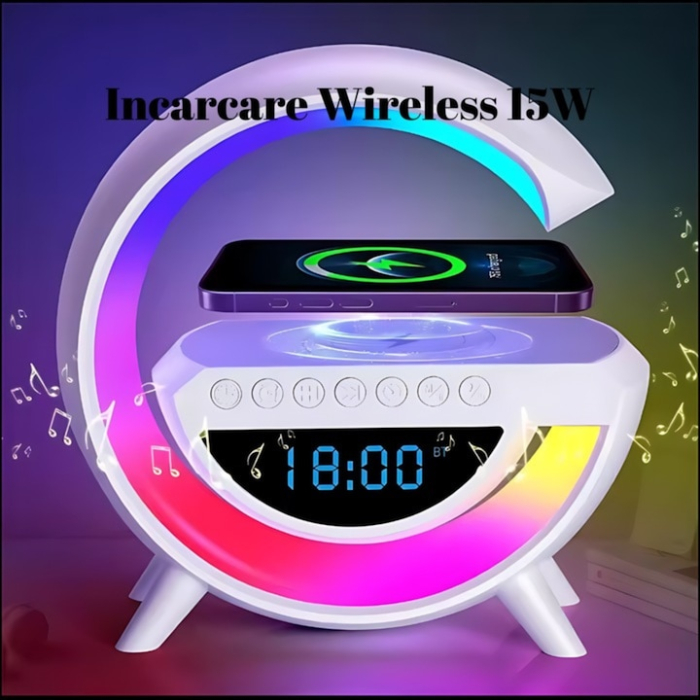 Statie de incarcare VarioShop®, ceas decorativ digital, luminat RGB 7 culori, redare muzica Bluetooth, alarma, radio AM/FM, card SD, Aux, Alb [8]