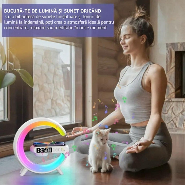 Statie de incarcare VarioShop®, ceas decorativ digital, luminat RGB 7 culori, redare muzica Bluetooth, alarma, radio AM/FM, card SD, Aux, Alb [2]