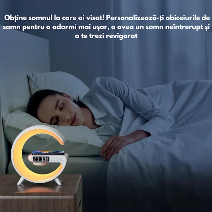 Statie de incarcare VarioShop®, ceas decorativ digital, luminat RGB 7 culori, redare muzica Bluetooth, alarma, radio AM/FM, card SD, Aux, Alb [5]
