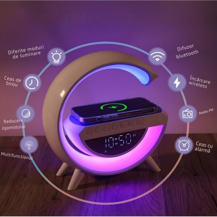 Statie de incarcare VarioShop®, ceas decorativ digital, luminat RGB 7 culori, redare muzica Bluetooth, alarma, radio AM/FM, card SD, Aux, Alb [4]