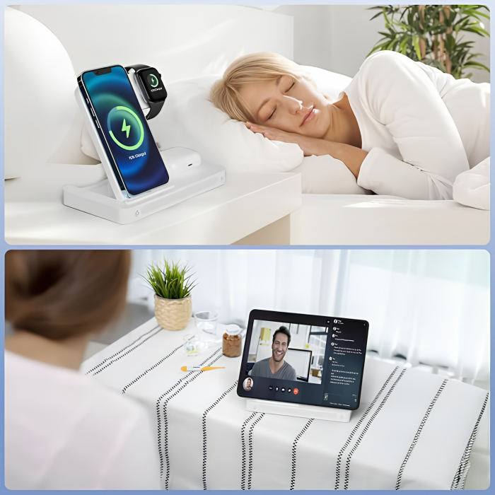 Statie de incarcare wireless 3 in 1 VarioShop®, pentru telefon, ceas si casti, tehnologie QC 3.0, putere maxima 15W, iluminare LED, alb [8]