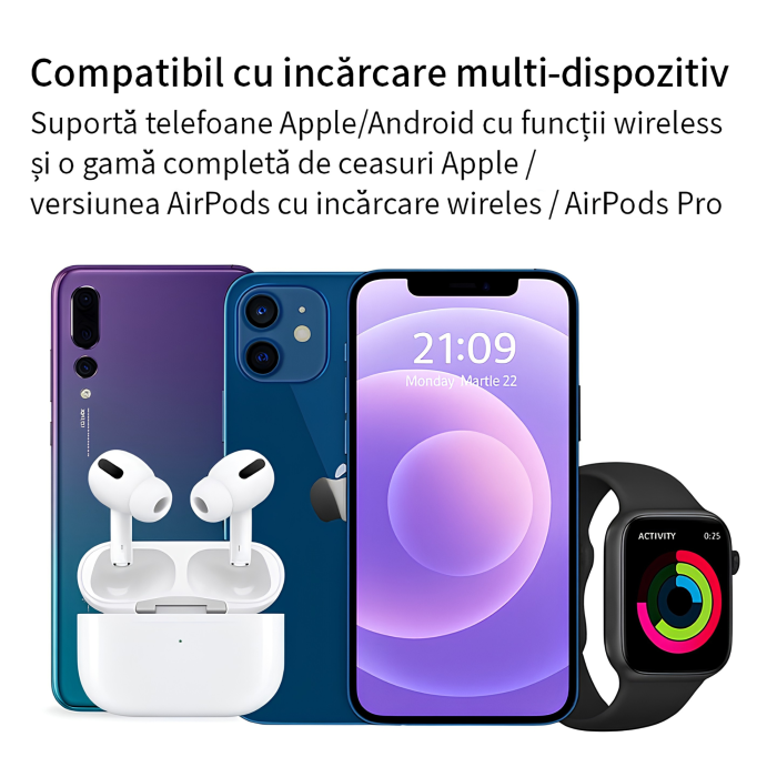 Statie de incarcare wireless 3 in 1 VarioShop®, pentru telefon, ceas si casti, tehnologie QC 3.0, putere maxima 15W, iluminare LED, alb [5]