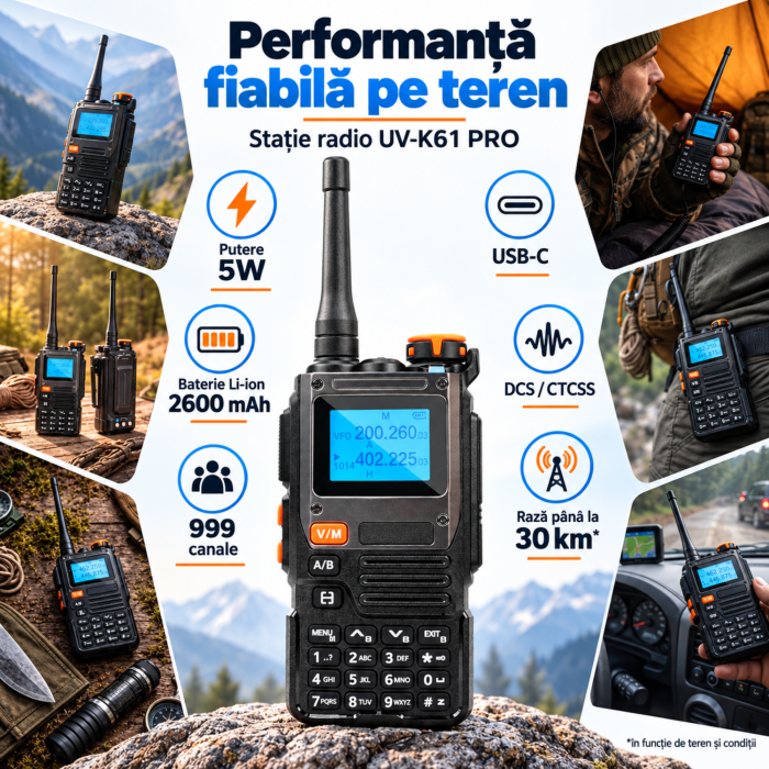 Statie radio portabila VarioShop®, walkie talkie, UV-K61 PRO, 5W, baterie 2600 mAh, 999 canale, DCS/CTCSS, USB-C, raza pana la 30 km, pentru teren, camping si constructii [7]