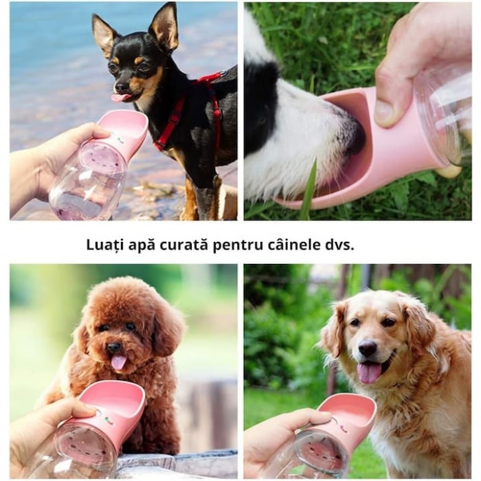 Sticla portabila cu rezervor de apa pentru animale VarioShop®, rezistent la scurgeri, functie blocare/deblocare, capacitate 380 ml, 22 x 7.5 cm, Roz [9]