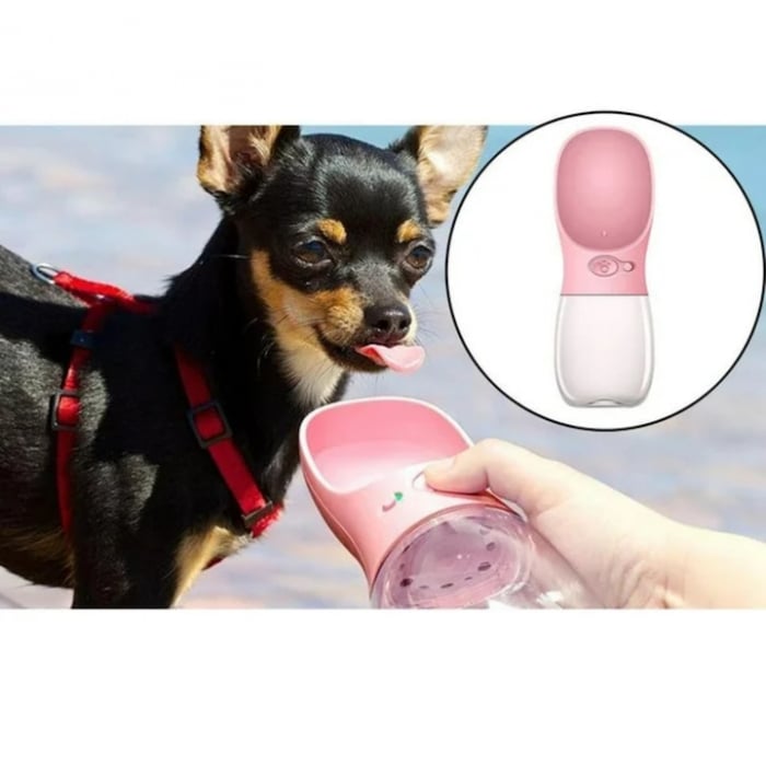 Sticla portabila cu rezervor de apa pentru animale VarioShop®, rezistent la scurgeri, functie blocare/deblocare, capacitate 380 ml, 22 x 7.5 cm, Roz [13]
