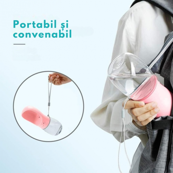 Sticla portabila cu rezervor de apa pentru animale VarioShop®, rezistent la scurgeri, functie blocare/deblocare, capacitate 380 ml, 22 x 7.5 cm, Roz [8]