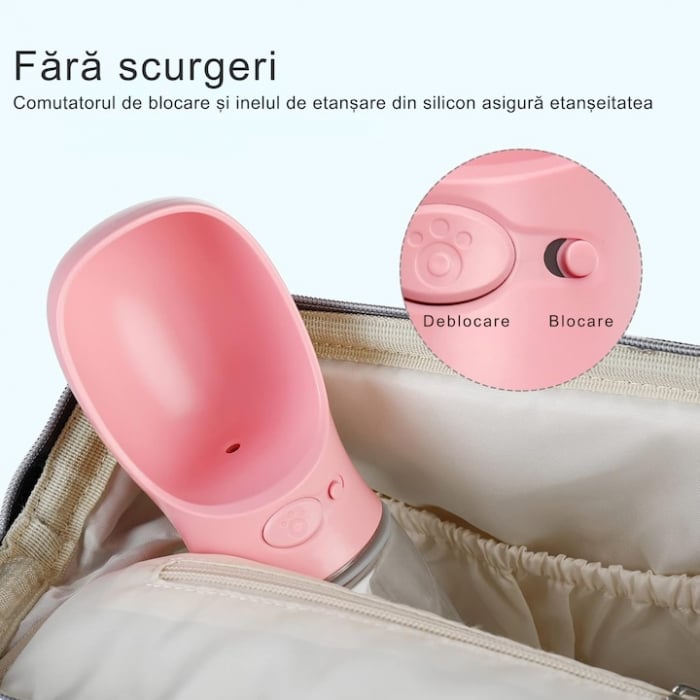 Sticla portabila cu rezervor de apa pentru animale VarioShop®, rezistent la scurgeri, functie blocare/deblocare, capacitate 380 ml, 22 x 7.5 cm, Roz [3]